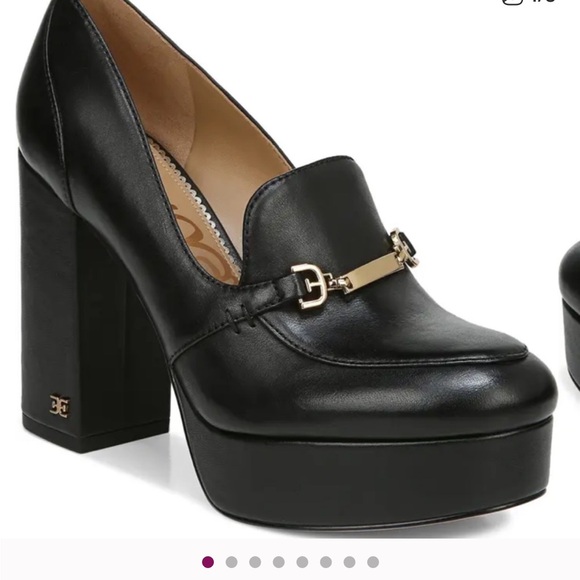 Sam Edelman Aurelie Black Leather Heeled Platform Logo Gold Hardware Loafers - Picture 1 of 4
